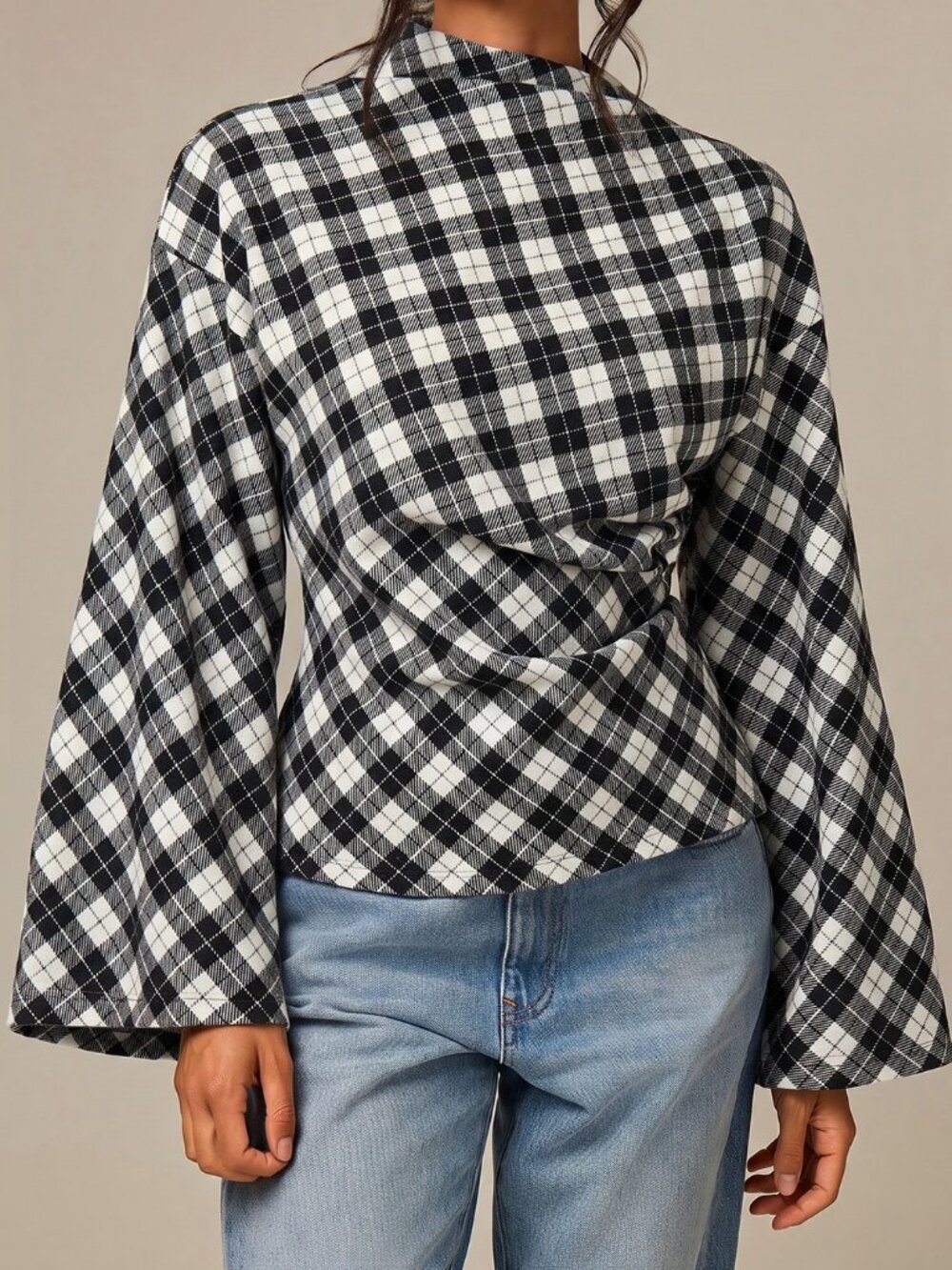 Black & White Casual Women's Sheer Plaid Stand Collar Top